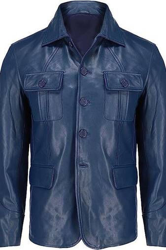 Men's blue genuine leather safari style jacket coat