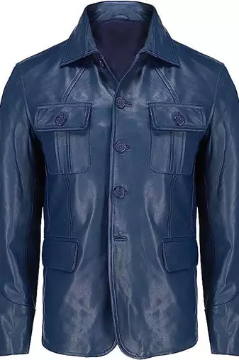 Men's blue genuine leather safari style jacket coat