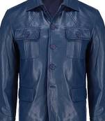 Men's blue genuine leather safari style jacket coat