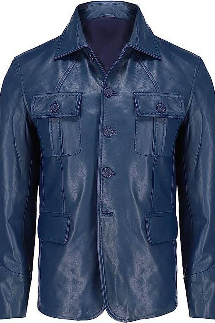 Men's blue genuine leather safari style jacket coat