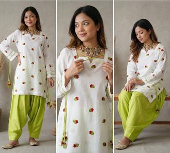 Women's white embroidered kurta with lime green palazzo & chiffon dupatta set 2