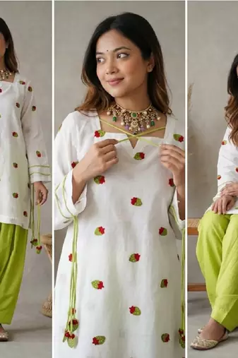 Women's white embroidered kurta with lime green palazzo & chiffon dupatta set