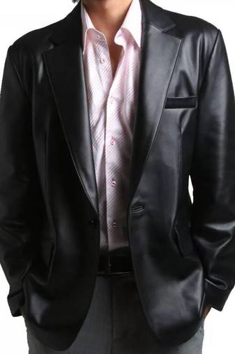 Men's black genuine leather formal blazer jacket