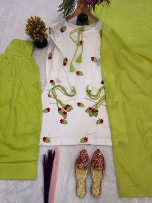 Women's white embroidered kurta with lime green palazzo & chiffon dupatta set 3