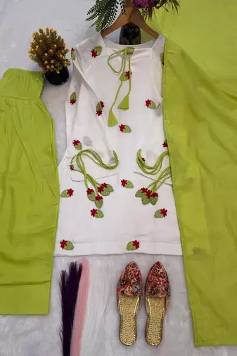 Women's white embroidered kurta with lime green palazzo & chiffon dupatta set