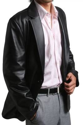 Men's black genuine leather formal blazer jacket 2