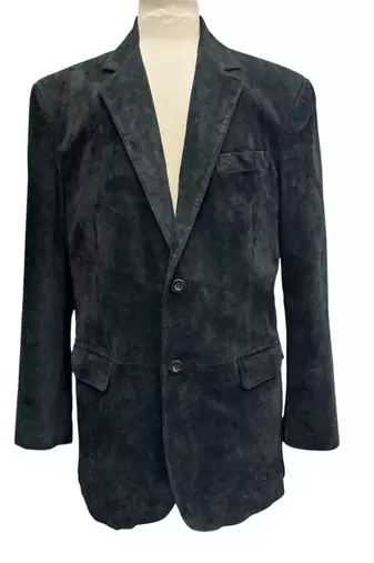Men's black suede genuine leather two button blazer jacket