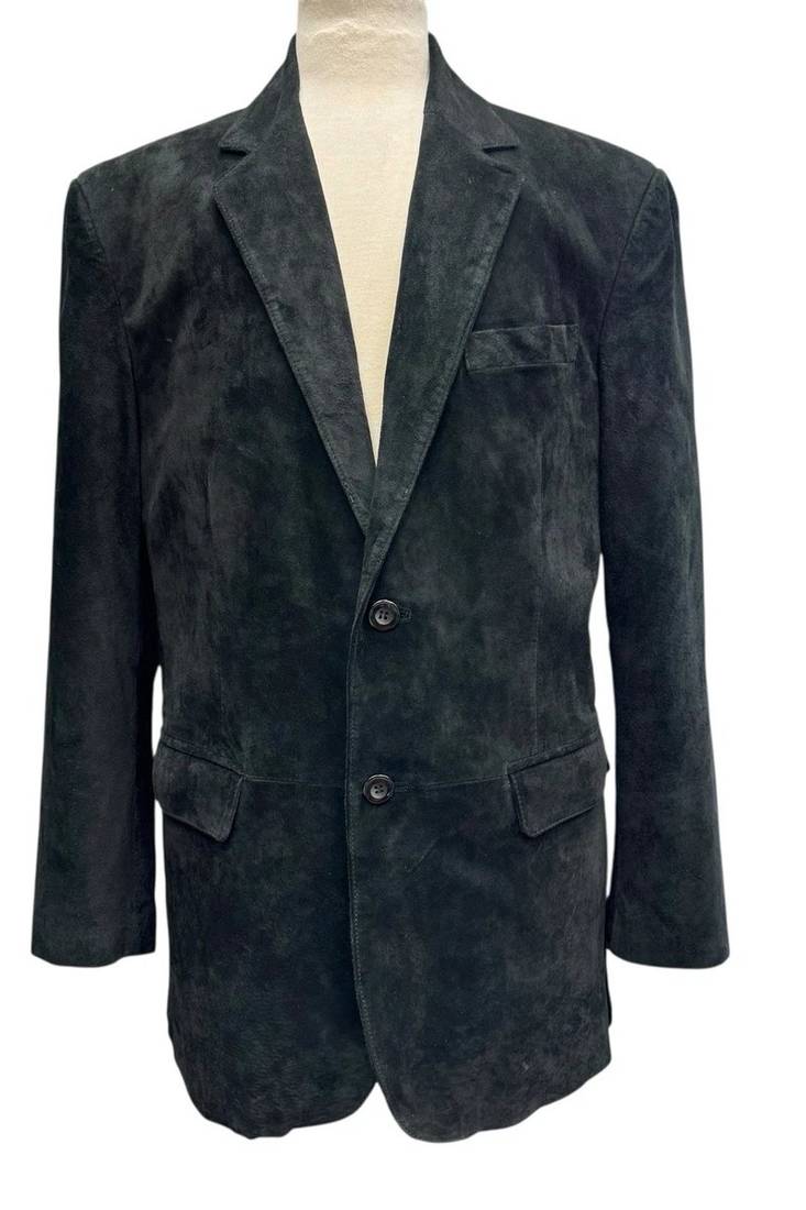 Men's black suede genuine leather two button blazer jacket