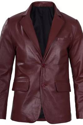 Men's maroon genuine leather two button blazer jacket 1