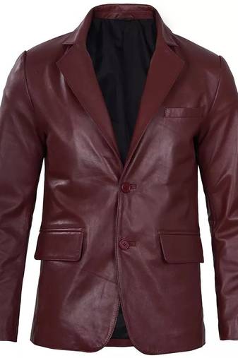 Men's maroon genuine leather two button blazer jacket