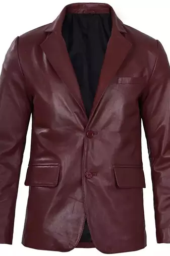 Men's maroon genuine leather two button blazer jacket