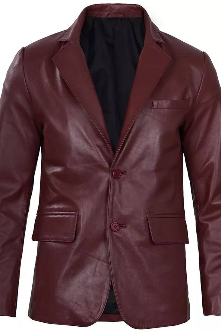 Men's maroon genuine leather two button blazer jacket