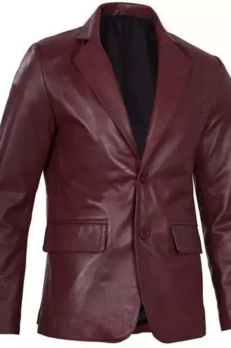 Men's maroon genuine leather two button blazer jacket