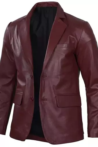 Men's maroon genuine leather two button blazer jacket