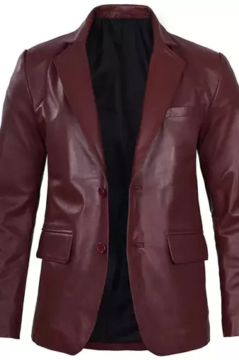Men's maroon genuine leather two button blazer jacket
