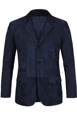 Men's navy blue suede lambskin leather safari blazer jacket 1