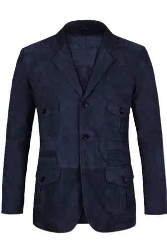 Men's navy blue suede lambskin leather safari blazer jacket