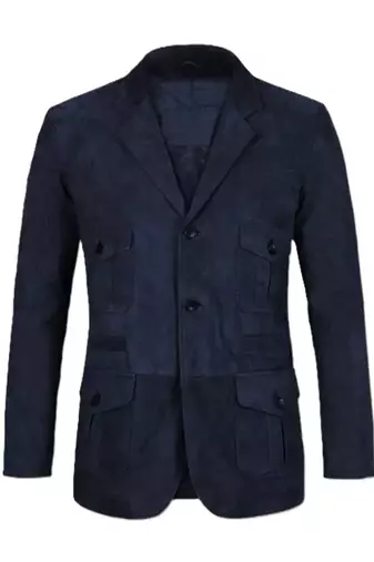 Men's navy blue suede lambskin leather safari blazer jacket