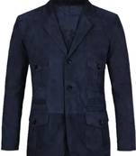 Men's navy blue suede lambskin leather safari blazer jacket