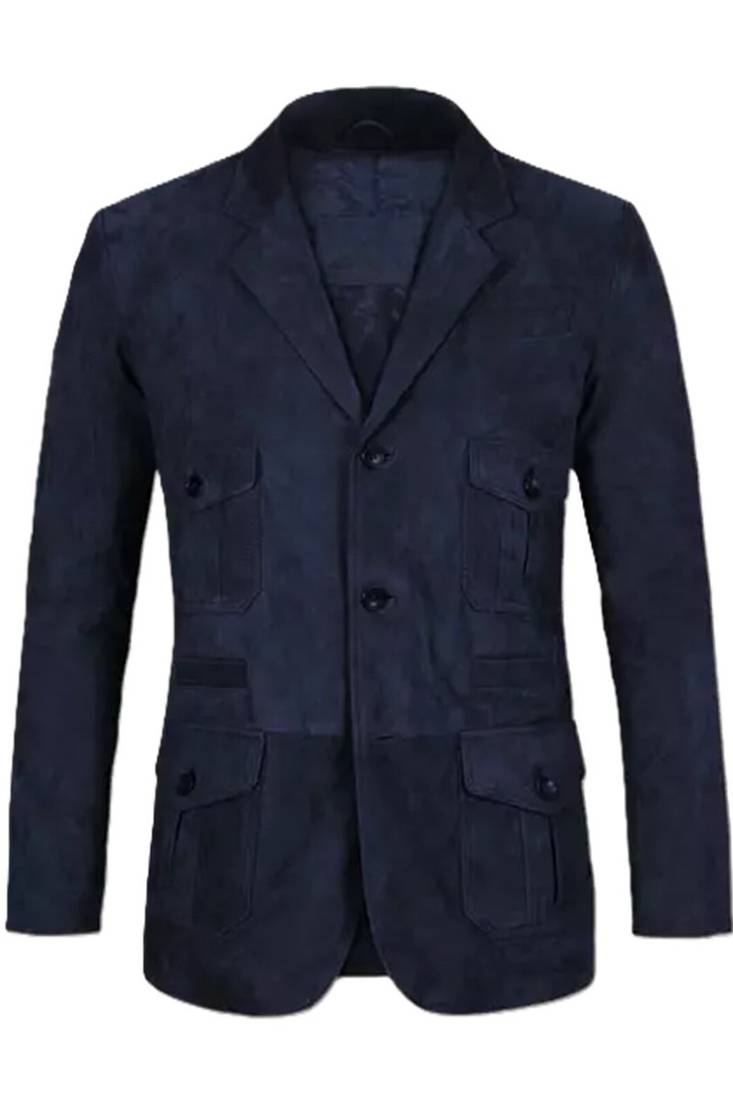 Men's navy blue suede lambskin leather safari blazer jacket