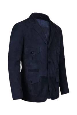 Men's navy blue suede lambskin leather safari blazer jacket 2