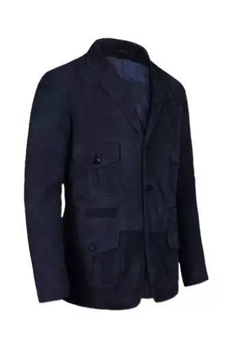 Men's navy blue suede lambskin leather safari blazer jacket
