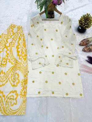 Women's off white embroidered kurta with yellow printed farshi pant 3