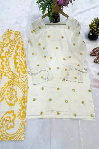 Women's off white embroidered kurta with yellow printed farshi pant