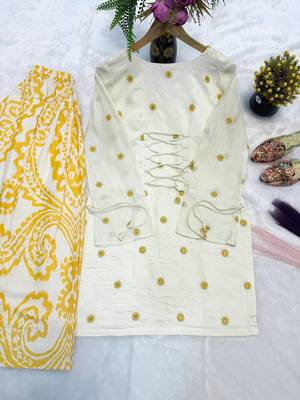 Women's off white embroidered kurta with yellow printed farshi pant 4