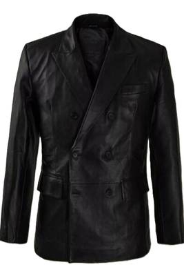 Men's black double breasted leather blazer coat 1