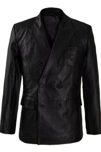 Men's black double breasted leather blazer coat
