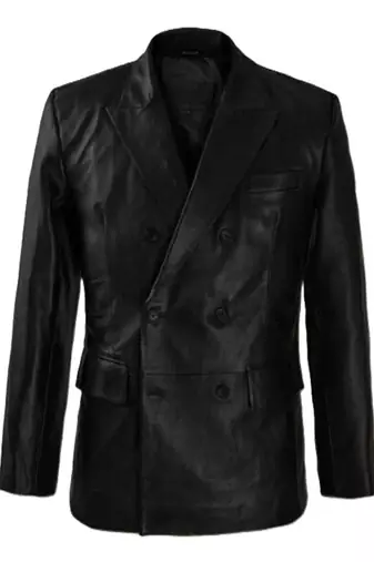 Men's black double breasted leather blazer coat