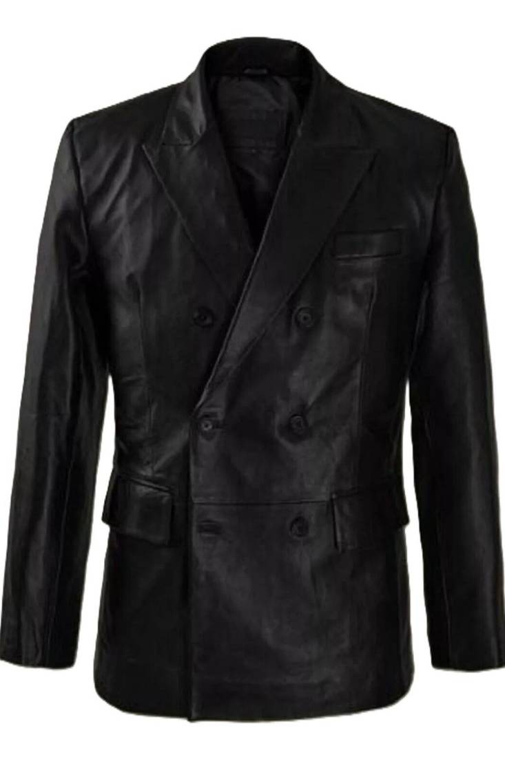 Men's black double breasted leather blazer coat