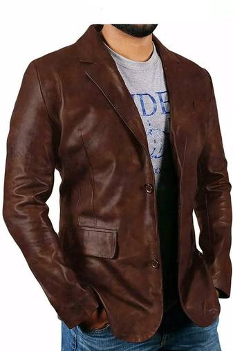 Men's brown genuine leather casual blazer jacket