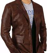 Men's brown genuine leather casual blazer jacket