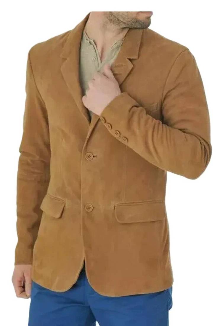Men's tan suede soft genuine leather classic blazer jacket