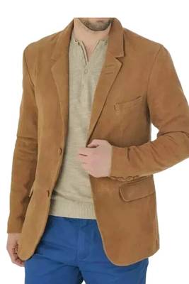 Men's tan suede soft genuine leather classic blazer jacket 2