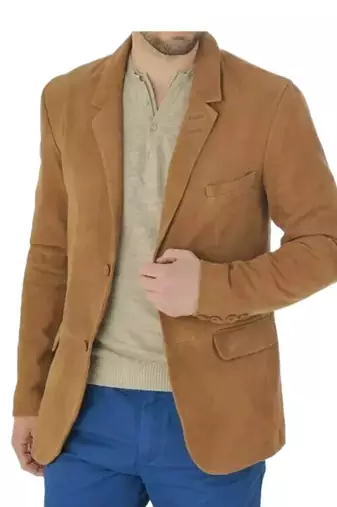 Men's tan suede soft genuine leather classic blazer jacket