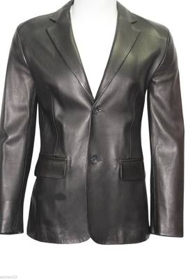 Men's black genuine leather two button blazer jacket 1