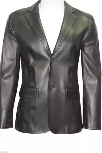 Men's black genuine leather two button blazer jacket