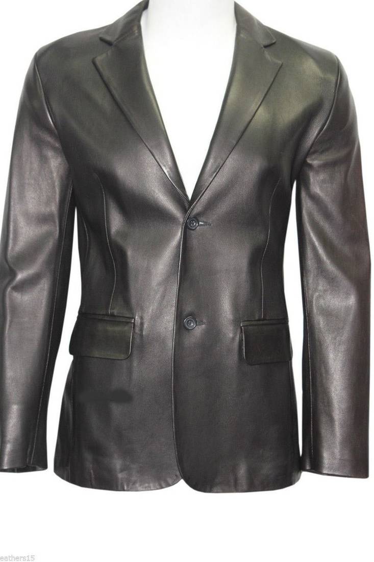 Men's black genuine leather two button blazer jacket