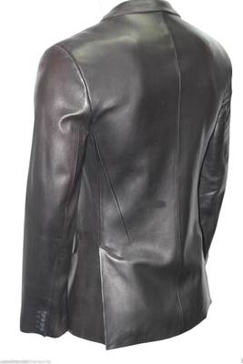 Men's black genuine leather two button blazer jacket 2