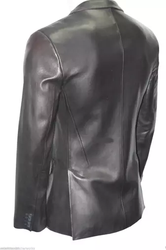 Men's black genuine leather two button blazer jacket