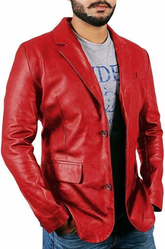 Men's red genuine leather fashion blazer jacket