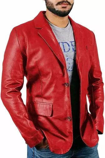 Men's red genuine leather fashion blazer jacket