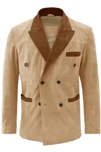 Men's beige suede leather double breasted blazer coat