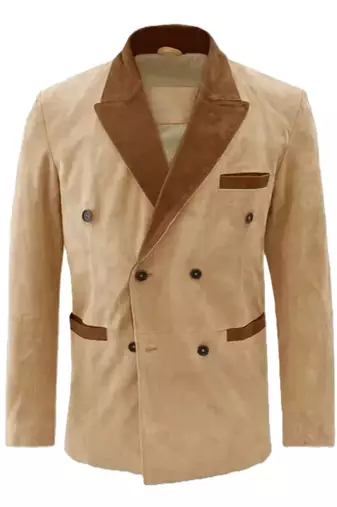 Men's beige suede leather double breasted blazer coat