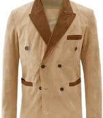 Men's beige suede leather double breasted blazer coat