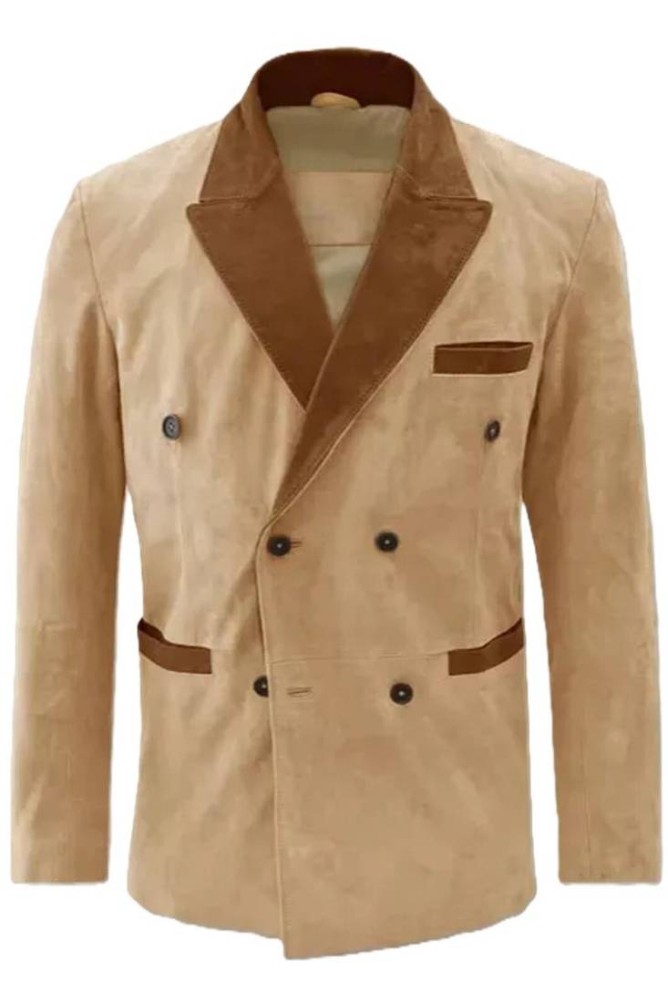 Men's beige suede leather double breasted blazer coat