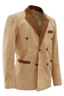 Men's beige suede leather double breasted blazer coat 2